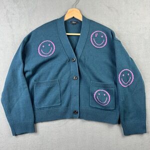 Rails Reese Forest Smilies Cardigan Wool Cotton Green Blue Smiley Face Large